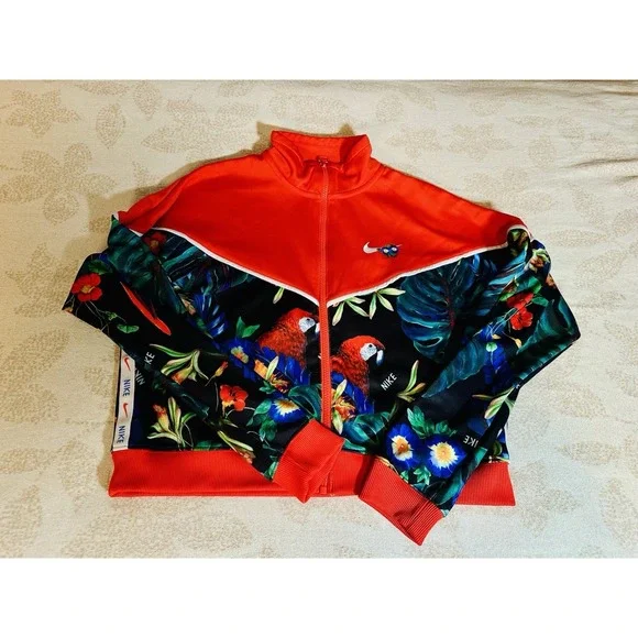 Nike Sportswear Jacket Womens Large Red Tropical Full Zip Lightweight Cropped - Picture 11 of 11